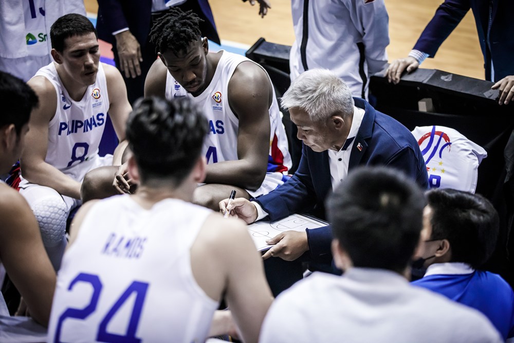 Gilas Pilipinas coach Chot Reyes coaching during a Fiba World Cup Asian Qualifiers game. 