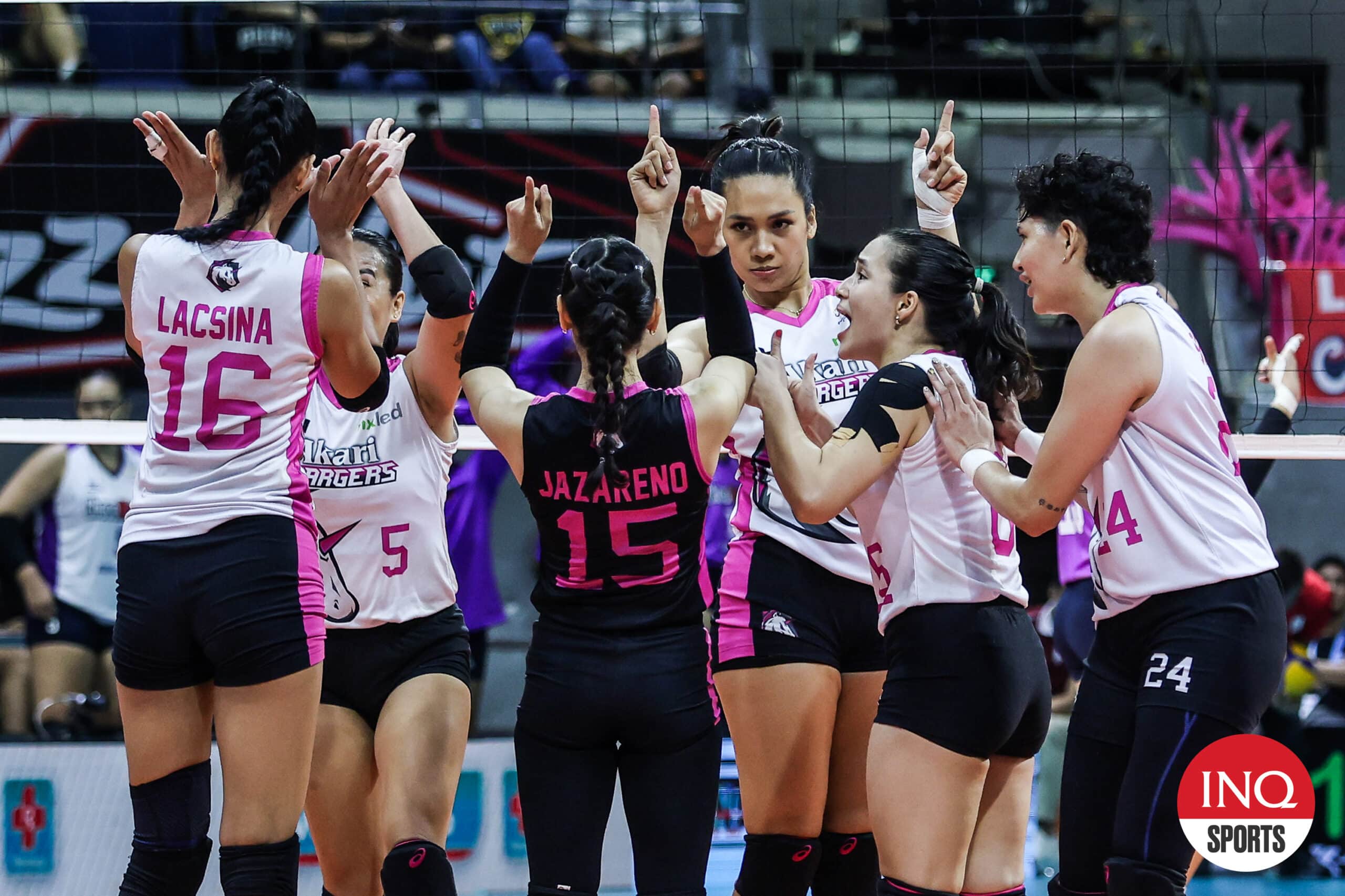 Akari Chargers celebrate a point against Choco Mucho Flying Titans in the PVL All-Filipino Conference bronze medal match