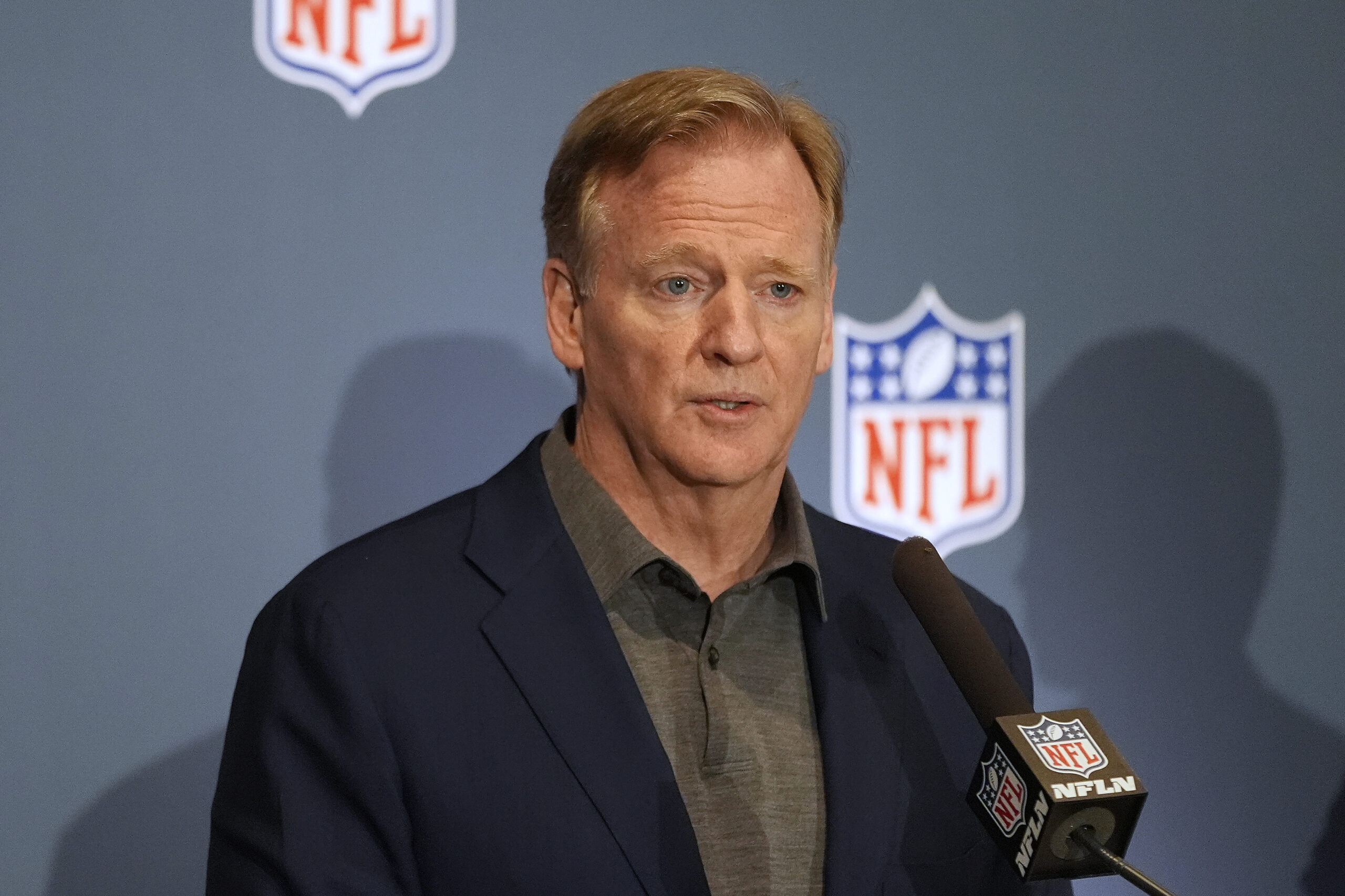 NFL Commissioner Roger Goodell speaks to the media during an NFL football owners meeting, Tuesday, May 20, 2025, in Eagan, Minn. Los Angeles Olympics 2028