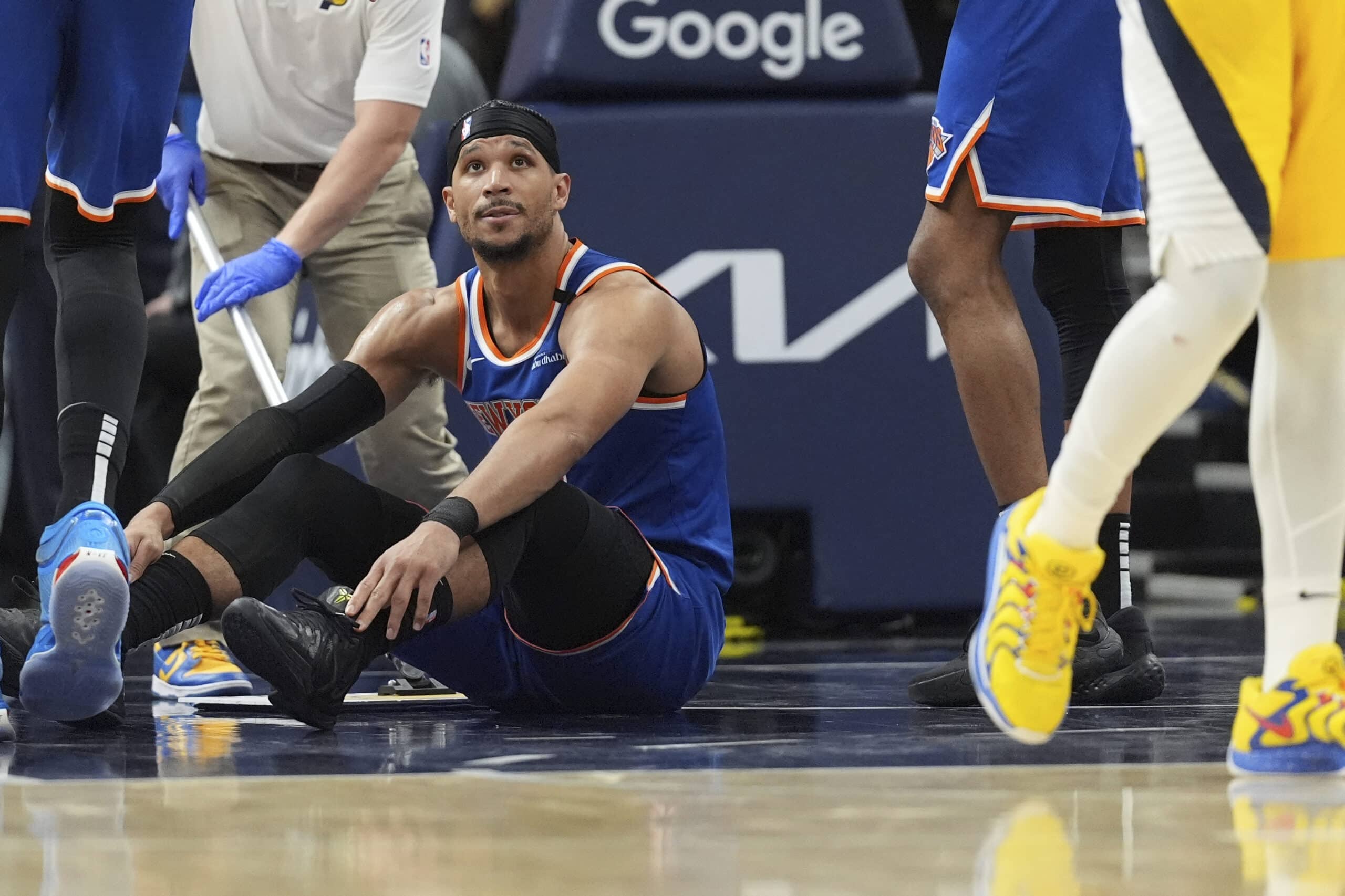 New York Knicks guard Josh Hart (3) looks up from the floor after his sixth foul during the second half of Game 4 of the Eastern Conference finals of the NBA basketball playoffs against the Indiana Pacers in Indianapolis, Tuesday, May 27, 2025.